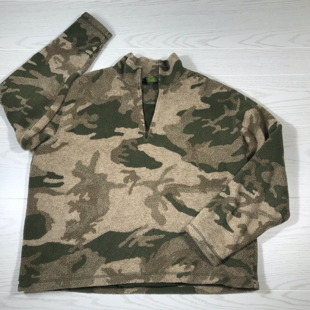 Vintage Cabelas Camo Deep Pile Fleece 1/4 Zip Men XL Lined Outdoors Hunting Dad